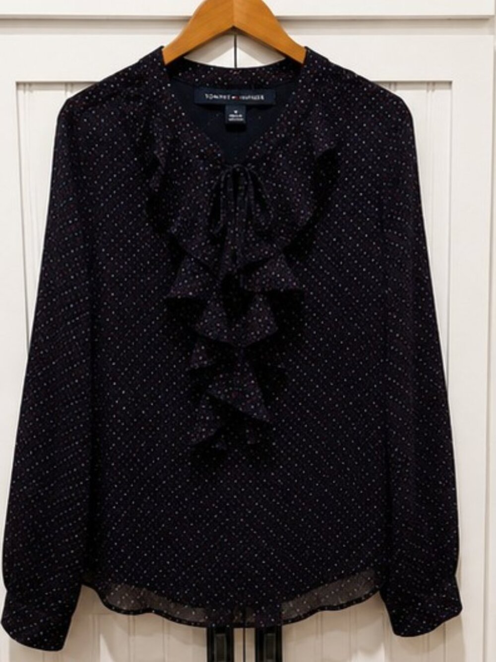 Tommy Hilfiger Navy Red Polka Dot Ruffle Tie Neck Blouse Medium Long Sleeve